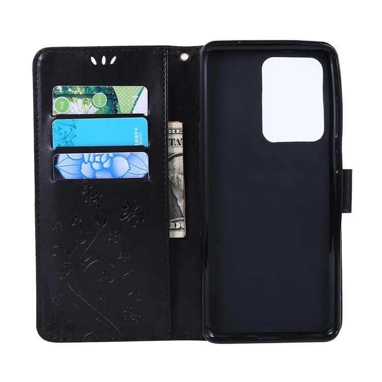 Imprint Butterflies Wallet Stand Flip Leather Phone Case for Samsung Galaxy S20 Ultra - Black