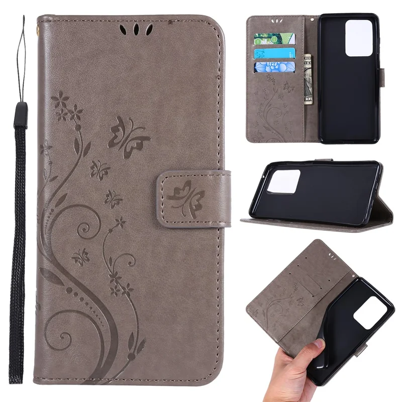 Imprint Butterflies Wallet Stand Flip Leather Phone Case for Samsung Galaxy S20 Ultra - Grey