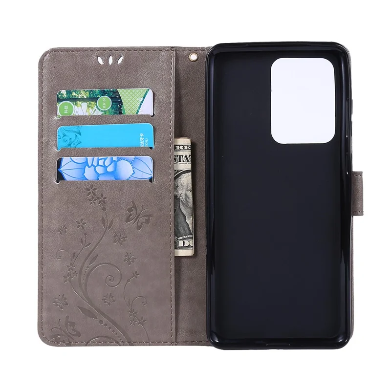 Imprint Butterflies Wallet Stand Flip Leather Phone Case for Samsung Galaxy S20 Ultra - Grey