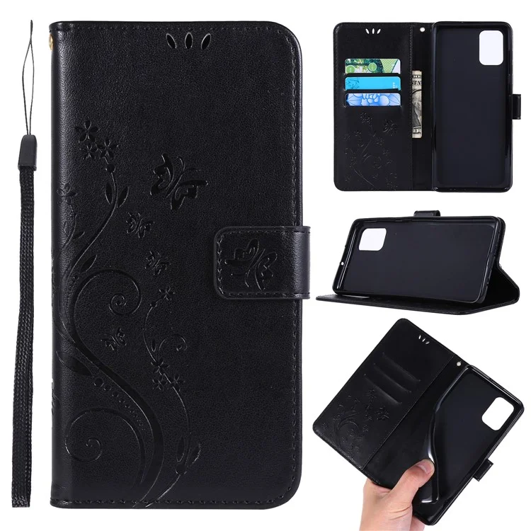 Imprint Butterflies Wallet Stand Flip Leather Phone Case for Samsung Galaxy A71 A715 - Black