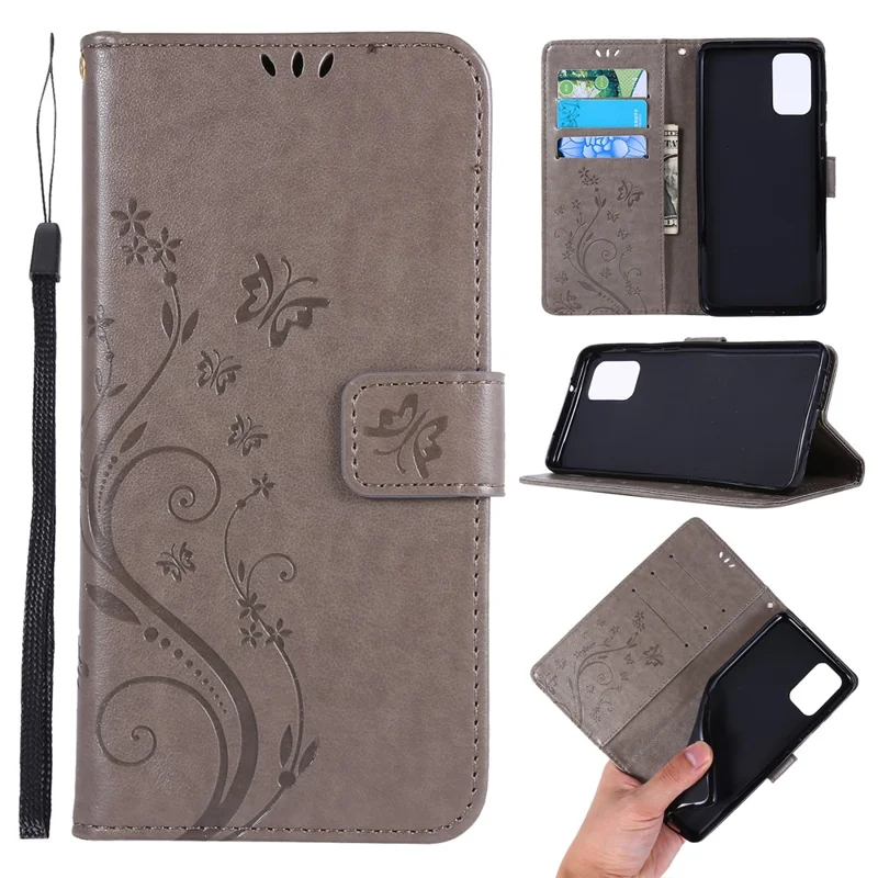 Imprint Butterflies Wallet Stand Flip Leather Phone Case for Samsung Galaxy S20 Plus - Grey