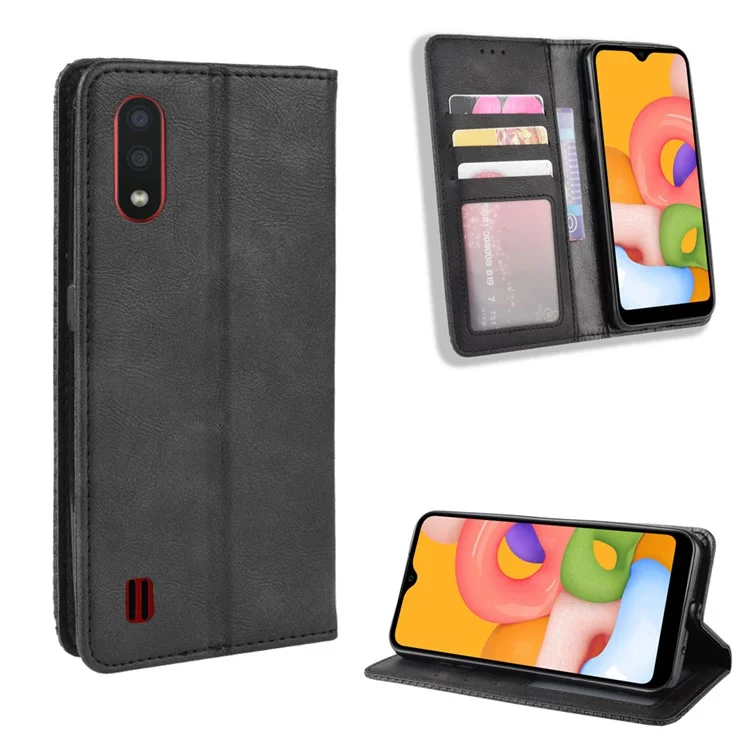 Vintage Style Wallet Leder Stand Hülle Für Samsung Galaxy A01 - Schwarz