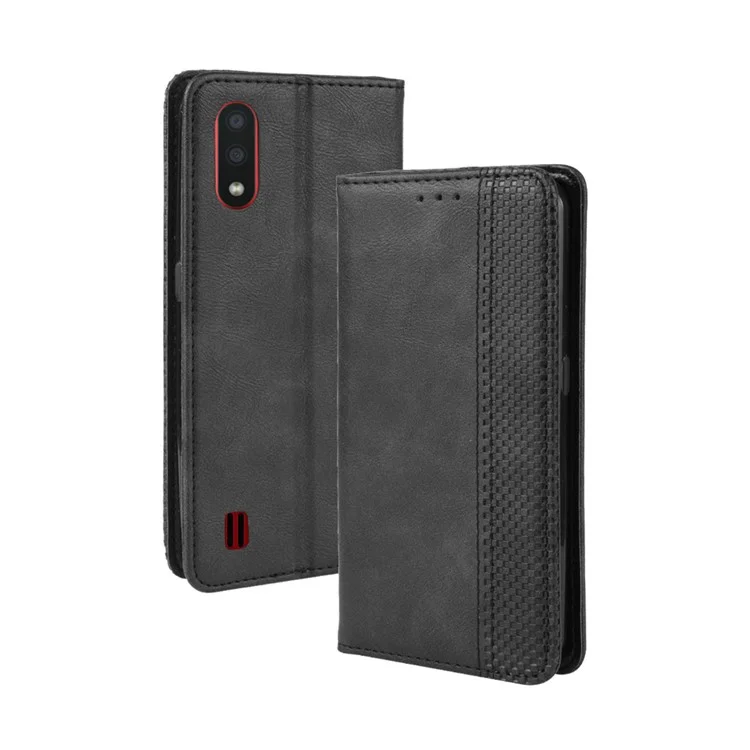 Vintage Style Wallet Leder Stand Hülle Für Samsung Galaxy A01 - Schwarz