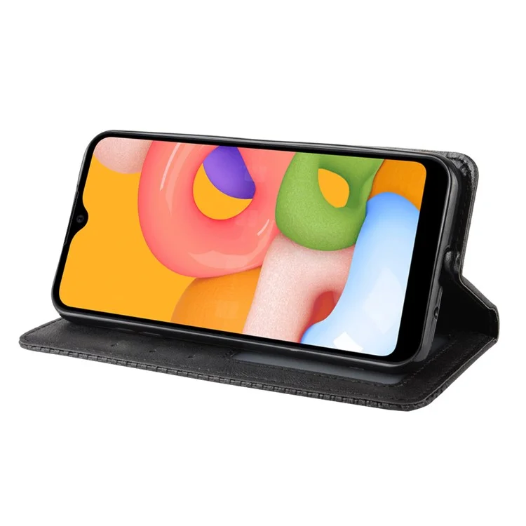 Vintage Style Wallet Leder Stand Hülle Für Samsung Galaxy A01 - Schwarz