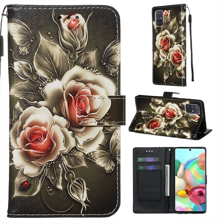 Painting Leather Phone Wallet Stand Case for Samsung Galaxy A71 - Rose