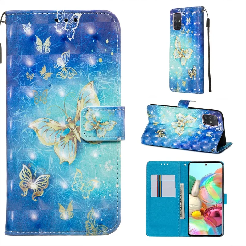 3D Painting Style Leather Phone Wallet Stand Case for Samsung Galaxy A71 - Blue Shiny Butterflies