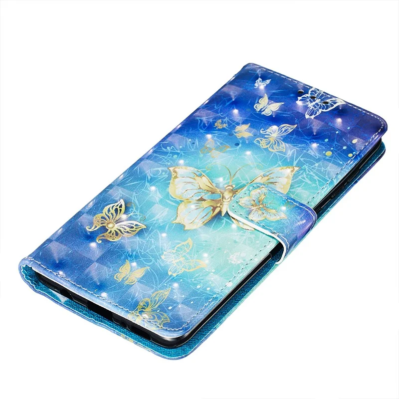 3D Painting Style Leather Phone Wallet Stand Case for Samsung Galaxy A71 - Blue Shiny Butterflies