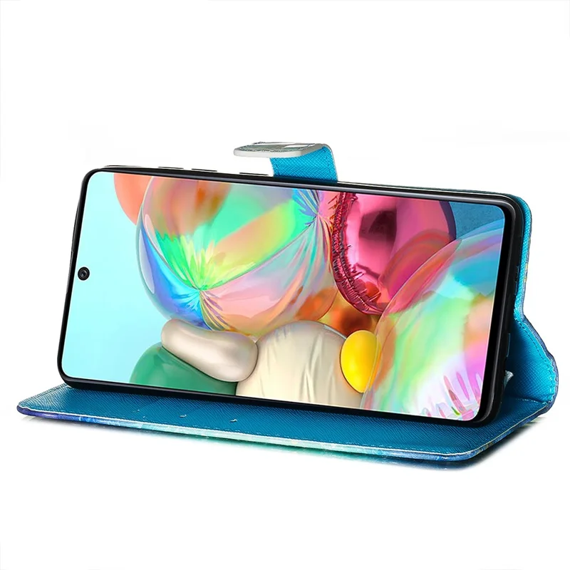 3D Painting Style Leather Phone Wallet Stand Case for Samsung Galaxy A71 - Blue Shiny Butterflies