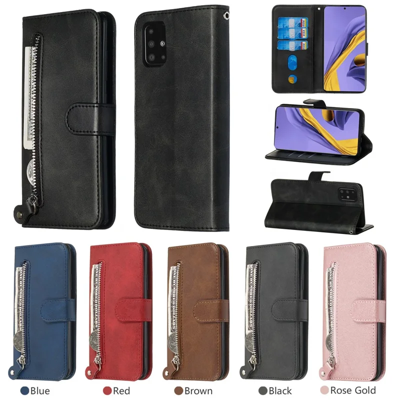 For Samsung Galaxy A51 PU Leather Cases with Zipper Pocket Wallet Phone Cover Stand - Black