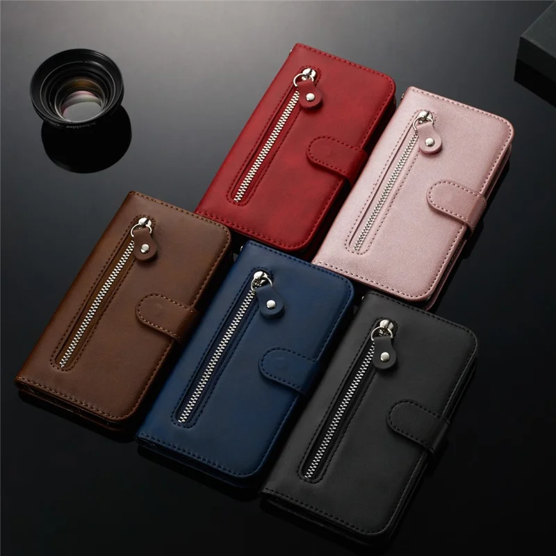 For Samsung Galaxy A51 PU Leather Cases with Zipper Pocket Wallet Phone Cover Stand - Black
