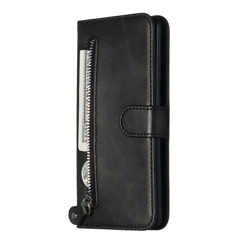For Samsung Galaxy A51 PU Leather Cases with Zipper Pocket Wallet Phone Cover Stand - Black