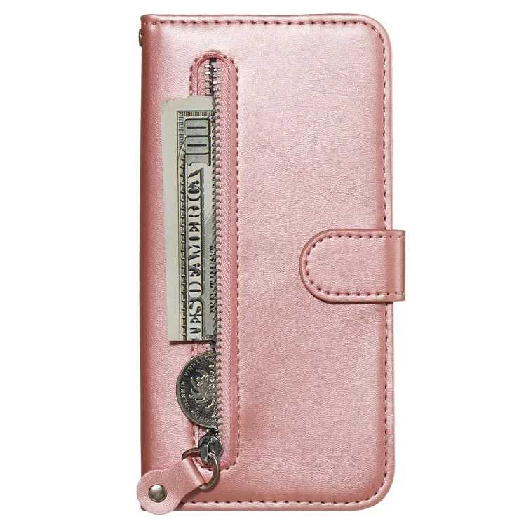 For Samsung Galaxy A51 PU Leather Cases with Zipper Pocket Wallet Phone Cover Stand - Rose Gold