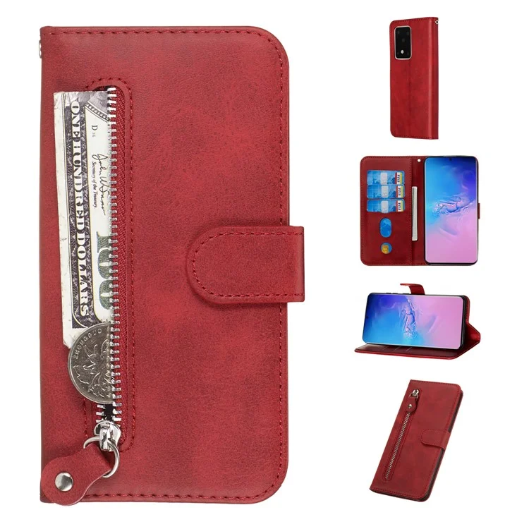 Étui de Portefeuille en Cuir de Poche à Fermeture Éclair Pour Samsung Galaxy S20 Ultra - Rouge