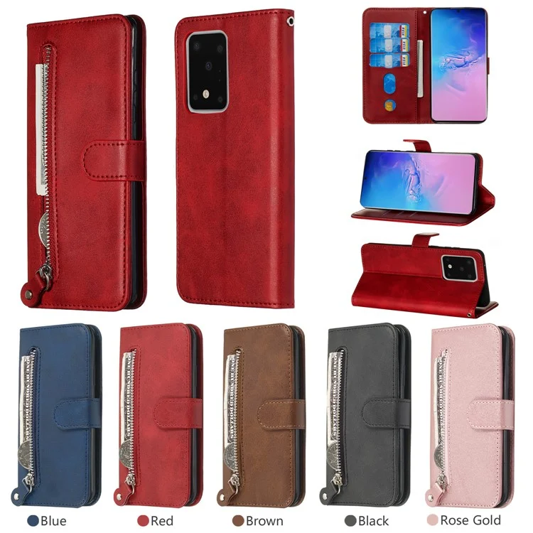 For Samsung Galaxy S20 Ultra PU Leather Cases with Zipper Pocket Wallet Phone Cover Stand - Red