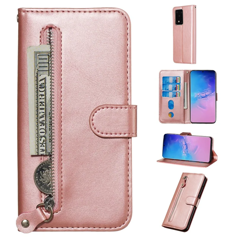 For Samsung Galaxy S20 Ultra PU Leather Cases with Zipper Pocket Wallet Phone Cover Stand - Rose Gold
