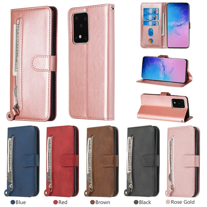 For Samsung Galaxy S20 Ultra PU Leather Cases with Zipper Pocket Wallet Phone Cover Stand - Rose Gold