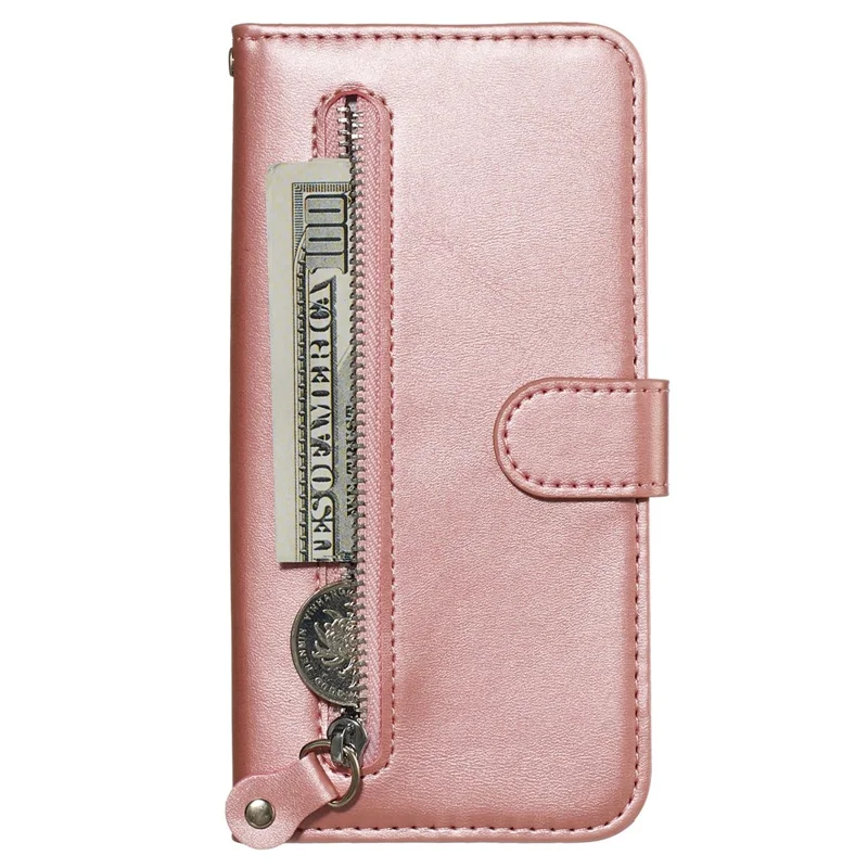 For Samsung Galaxy S20 Ultra PU Leather Cases with Zipper Pocket Wallet Phone Cover Stand - Rose Gold