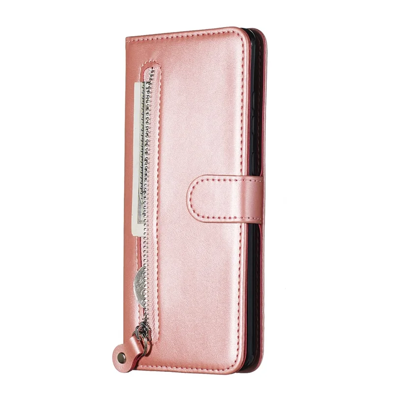 For Samsung Galaxy S20 Ultra PU Leather Cases with Zipper Pocket Wallet Phone Cover Stand - Rose Gold