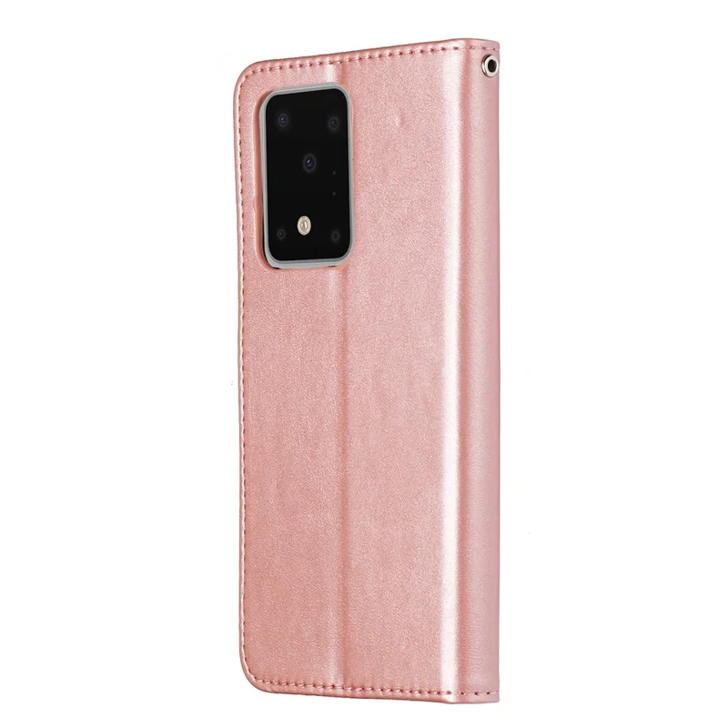For Samsung Galaxy S20 Ultra PU Leather Cases with Zipper Pocket Wallet Phone Cover Stand - Rose Gold