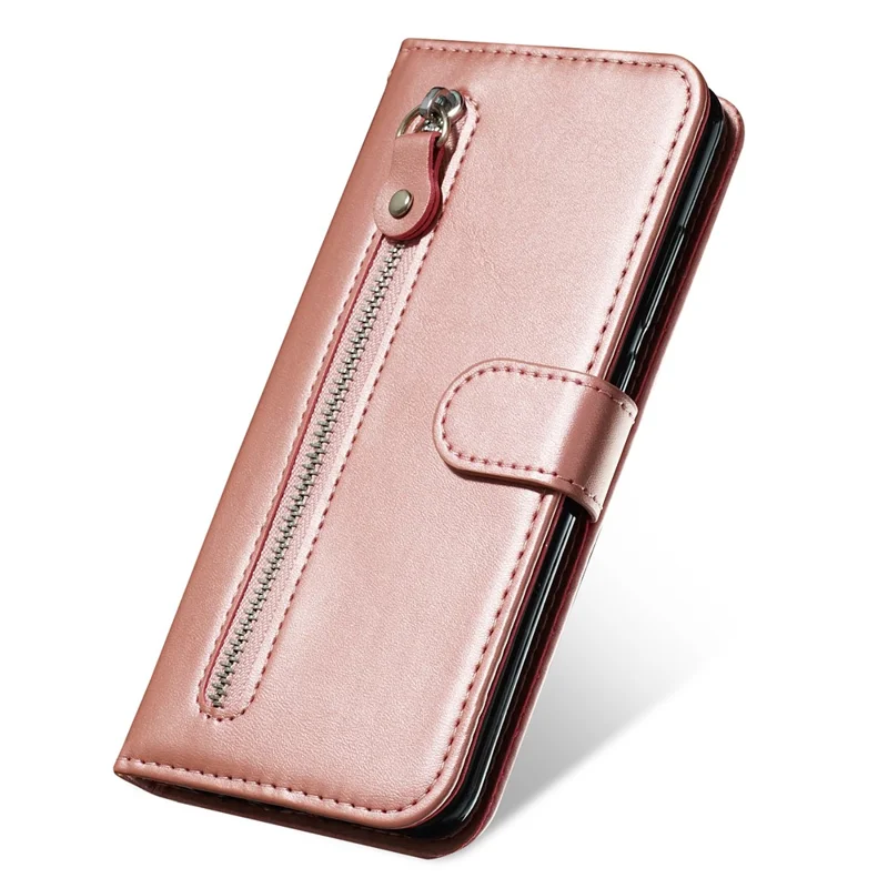 For Samsung Galaxy S20 Ultra PU Leather Cases with Zipper Pocket Wallet Phone Cover Stand - Rose Gold