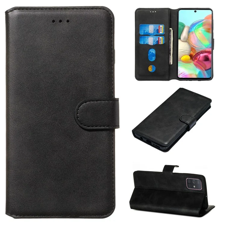 Solid Color Flip Leather Wallet Phone Case for Samsung Galaxy A71 A715 - Black