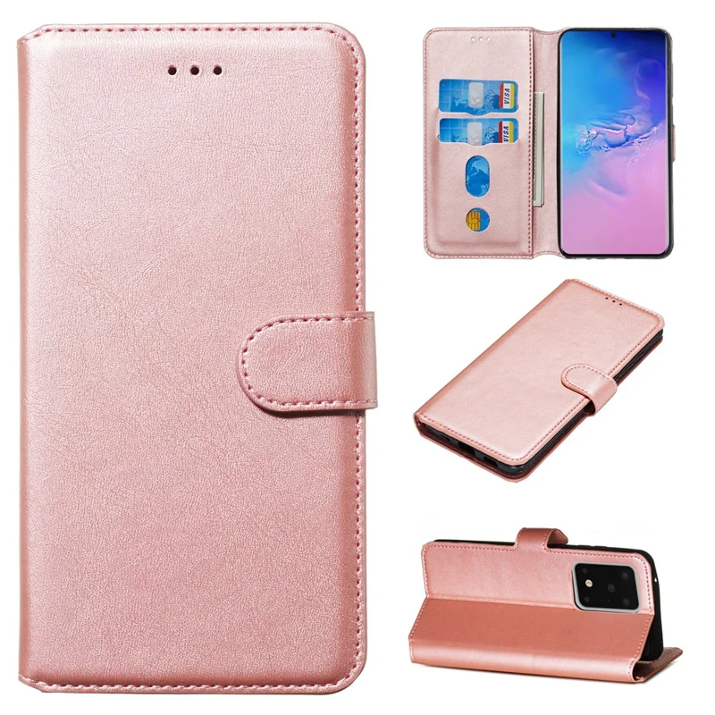 Solid Color Classic Flip Leather Wallet Phone Casing for Samsung Galaxy S20 Ultra - Rose Gold
