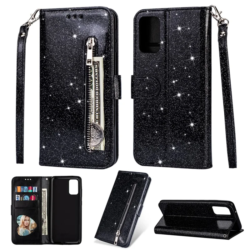 Glitter Powder Zippered Stand Leather Wallet Case with Strap for Samsung Galaxy S20 Plus / S20 Plus 5G - Black