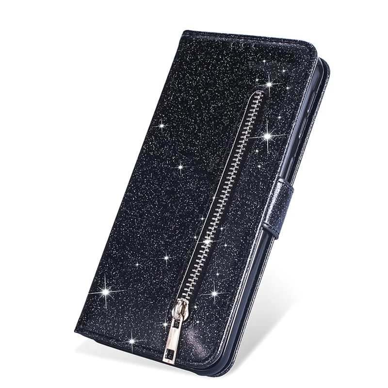 Glitter Powder Zippered Stand Leather Wallet Case with Strap for Samsung Galaxy S20 Plus / S20 Plus 5G - Black