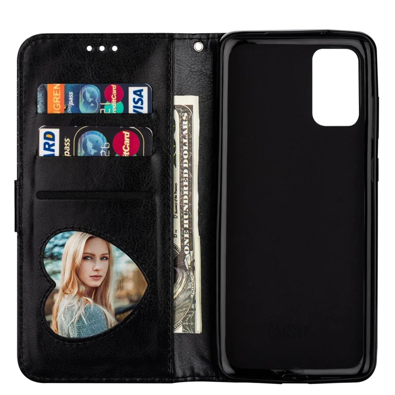 Glitter Powder Zippered Stand Leather Wallet Case with Strap for Samsung Galaxy S20 Plus / S20 Plus 5G - Black