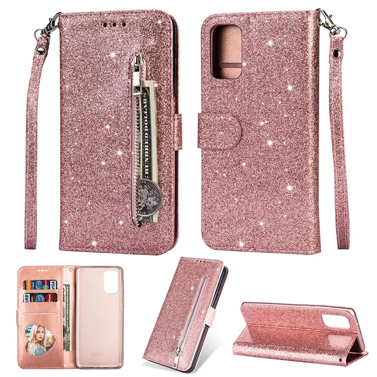 Glitter Powder Zippered Stand Leather Wallet Case with Strap for Samsung Galaxy S20 Plus / S20 Plus 5G - Rose Gold