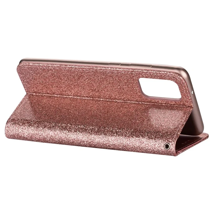 Glitter Powder Zippered Stand Leather Wallet Case with Strap for Samsung Galaxy S20 Plus / S20 Plus 5G - Rose Gold