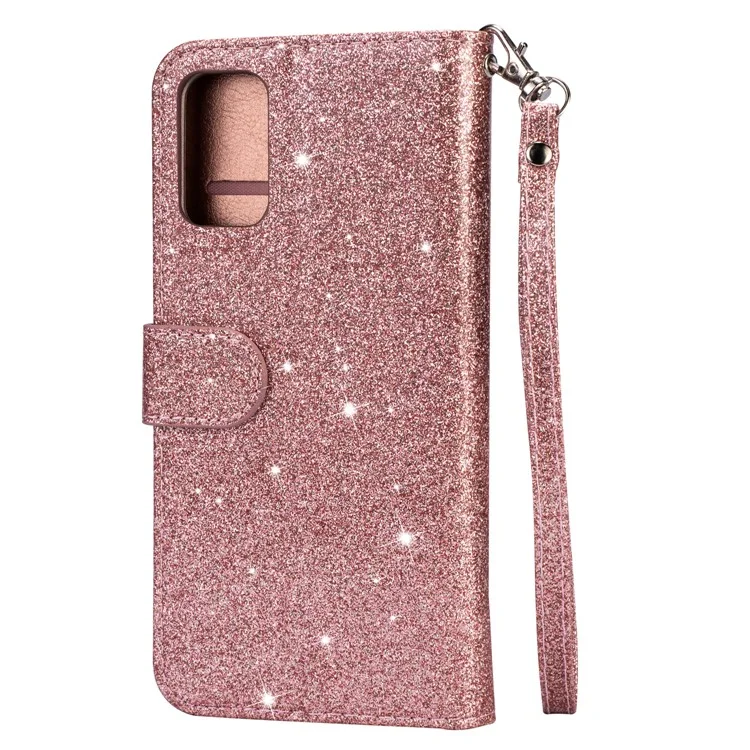 Glitter-Pulver-Reißverschluss-Stand-Leder-Geldbörsenfall Mit Gurt Für Samsung Galaxy S20 Plus / S20 Plus 5G. - Rosengold.