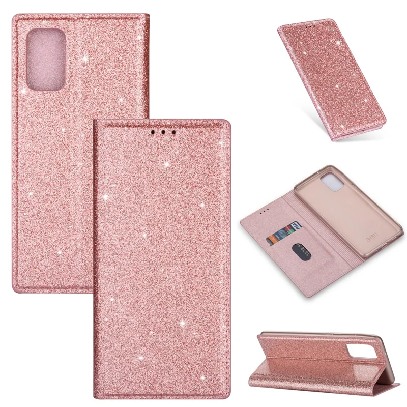 Flash Powder Auto-absorbed Leather Stand Shell for Samsung Galaxy S20 4G/S20 5G - Rose Gold