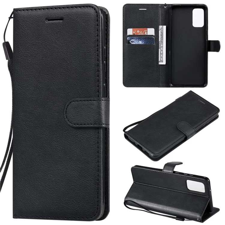 KT Leather Series-2 Solid Color PU Leather Flip Phone Cover with Strap for Samsung Galaxy S20 Plus - Black