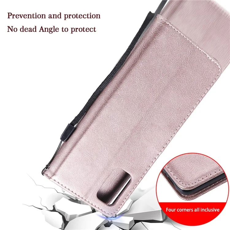 For Samsung Galaxy A71 Case Solid Color Leather Mobile Cover Wallet Stand with Strap - Rose Gold