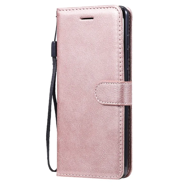 For Samsung Galaxy A71 Case Solid Color Leather Mobile Cover Wallet Stand with Strap - Rose Gold