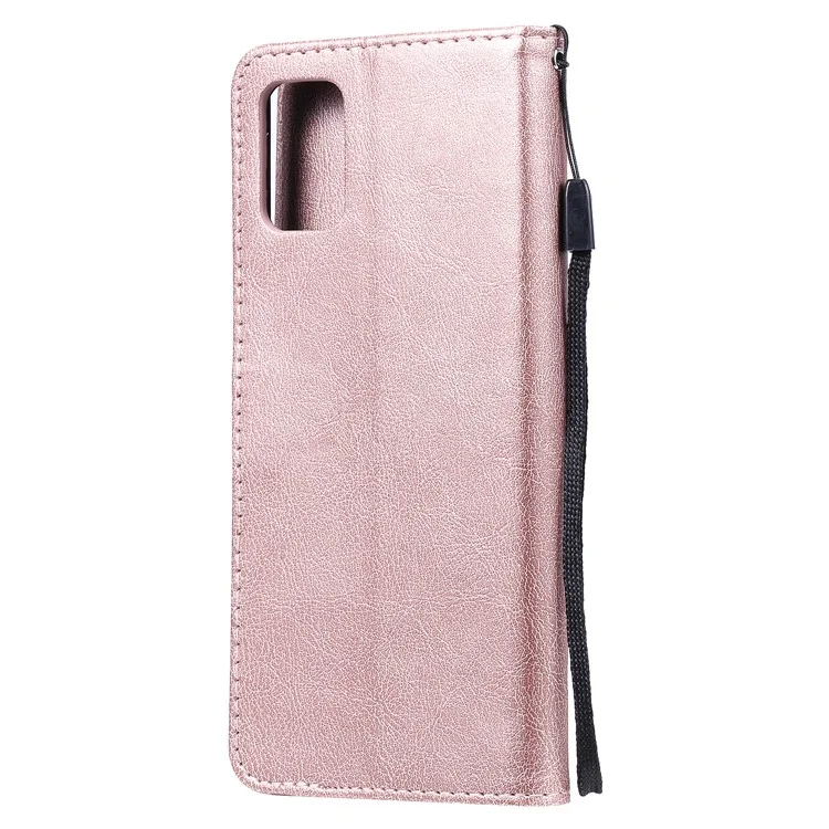For Samsung Galaxy A71 Case Solid Color Leather Mobile Cover Wallet Stand with Strap - Rose Gold