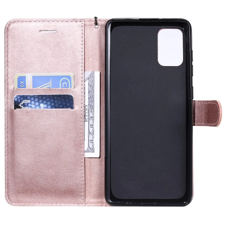 For Samsung Galaxy A71 Case Solid Color Leather Mobile Cover Wallet Stand with Strap - Rose Gold
