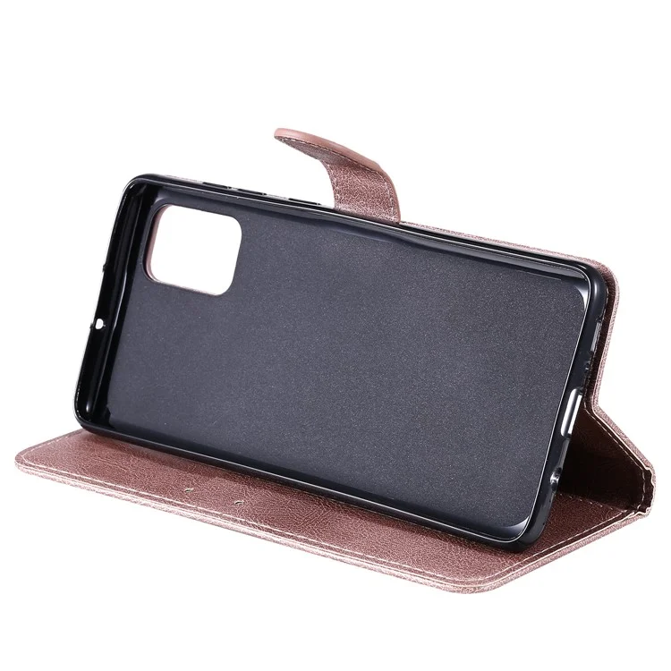 For Samsung Galaxy A71 Case Solid Color Leather Mobile Cover Wallet Stand with Strap - Rose Gold