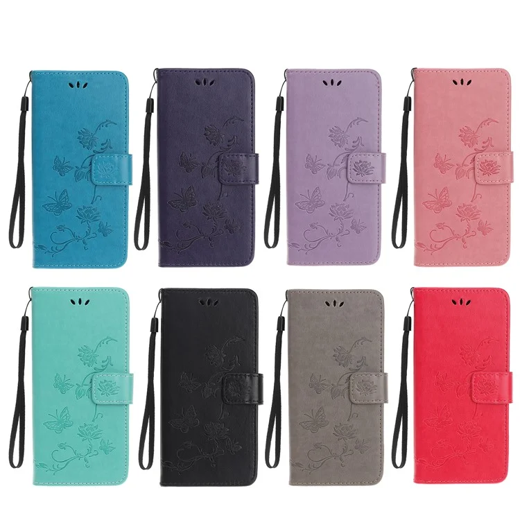 Impresión Flores de Mariposa Case de Billetera de Cuero Para Samsung Galaxy A91/S10 Lite/m80s - Gris