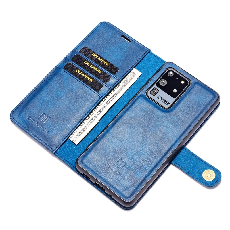 DG.MING Detachable 2-in-1 Split Leather Wallet Shell + PC Back Case for Samsung Galaxy S20 Ultra - Blue