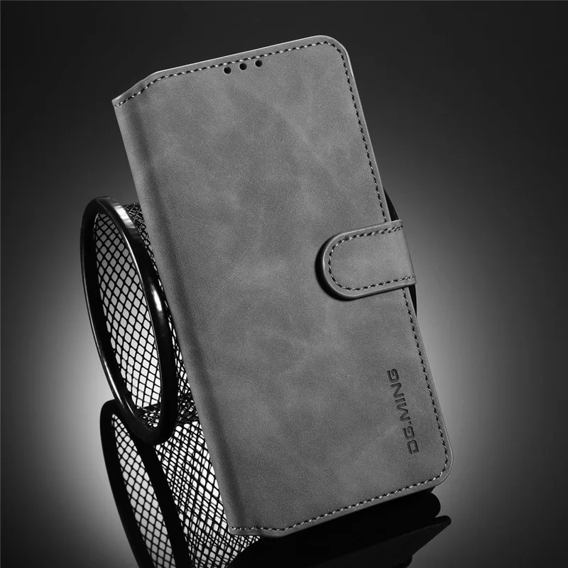 DG.MING Retro Style Leather Wallet Stand Shell for Samsung Galaxy A71 - Grey