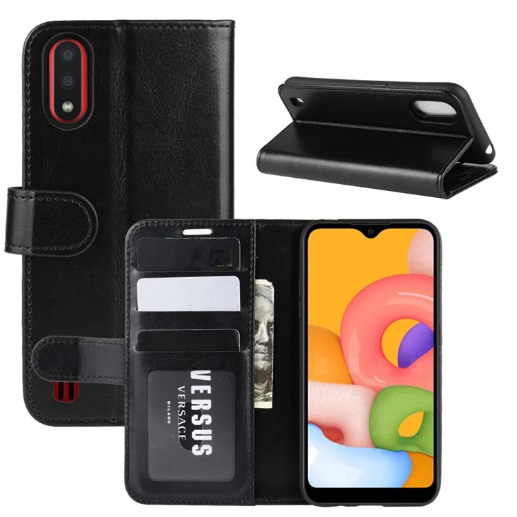 Crazy Horse Surface with Wallet Leather Phone Stand Casing for Samsung Galaxy A01 - Black