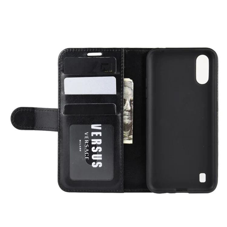 Crazy Horse Surface with Wallet Leather Phone Stand Casing for Samsung Galaxy A01 - Black