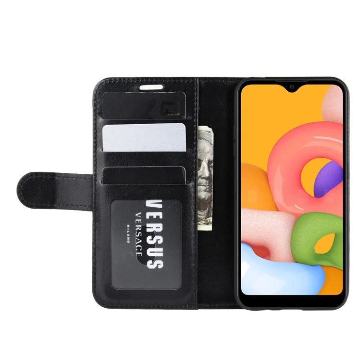 Crazy Horse Surface with Wallet Leather Phone Stand Casing for Samsung Galaxy A01 - Black