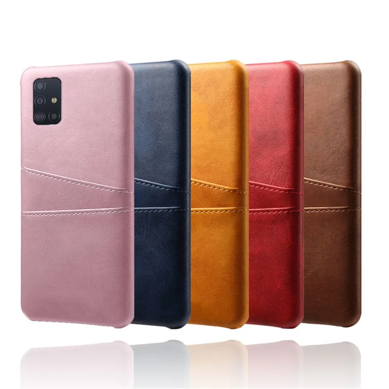 Capa Rígida de PC Revestida de Couro PU com Slots para Dois Cartões para Samsung Galaxy A71 A715 - Preto