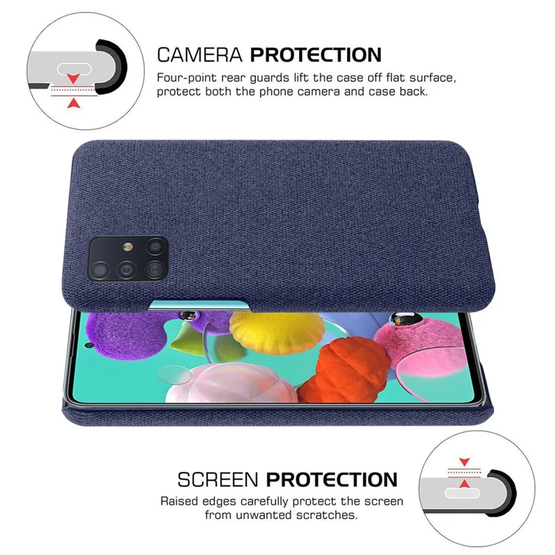 Etui na telefon z twardego PC z fakturą z tkaniny w jednolitym kolorze dla Samsung Galaxy A51 - ciemnoniebieski