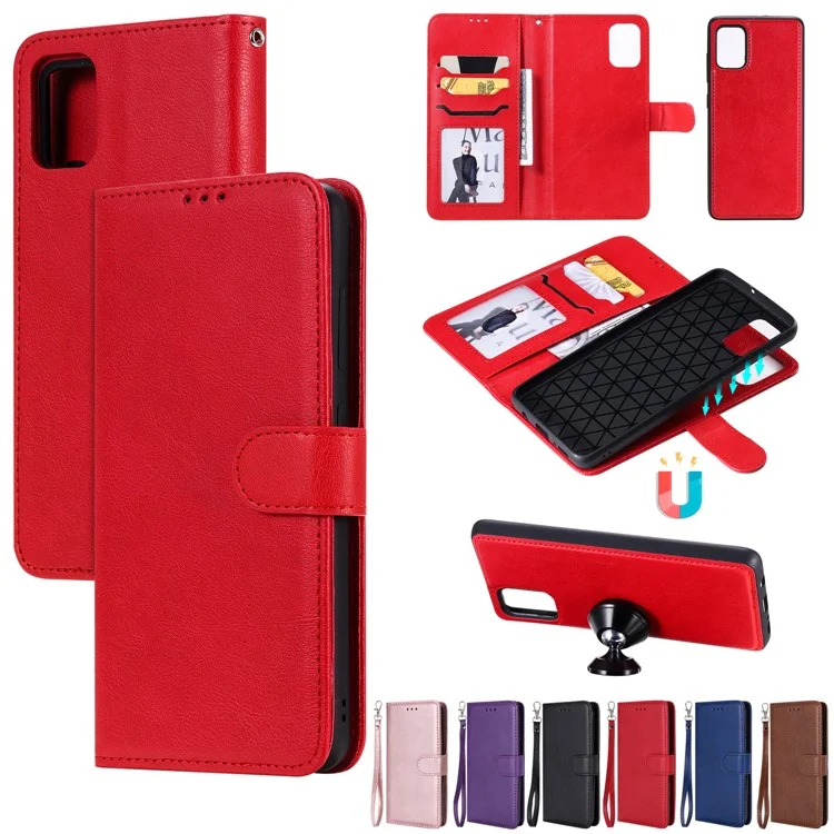 Magnetische KT Leder Serie-3 Abnehmbar 2-in-1 Leder-wallet-stand-telefonabdeckungsschale Mit Handlichem Riemen Für Samsung Galaxy A51 - Rot