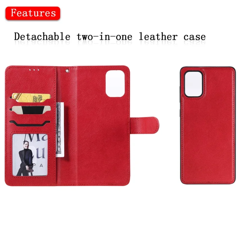 For Samsung Galaxy A71 Case 2 in 1 Detachable Magnetic Leather Wallet Mobile Cover with Strap - Red