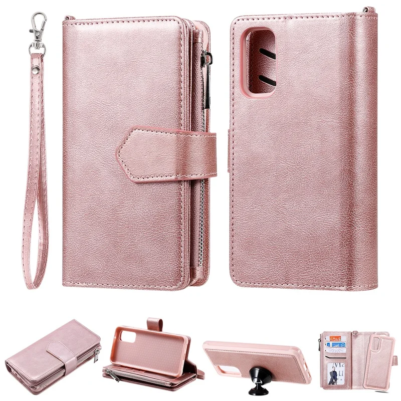 For Samsung Galaxy S20 4G / S20 5G Case 2 in 1 Detachable Magnetic Leather Wallet Mobile Cover with Strap - Rose Gold